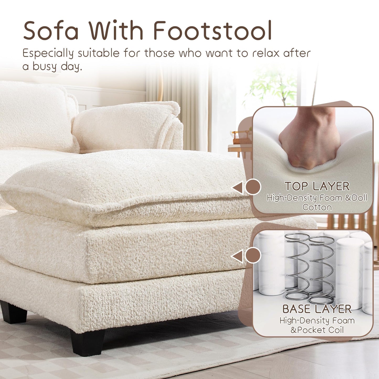 KEIKI Boucle Accent Chair with Storage & Ottoman, Oversized Reading Arm Chair w/Double Cushion, Modern Side Deep Seating Chairs Set, Corner Comfy Lounge Armchair for Living Room, Bedroom, White