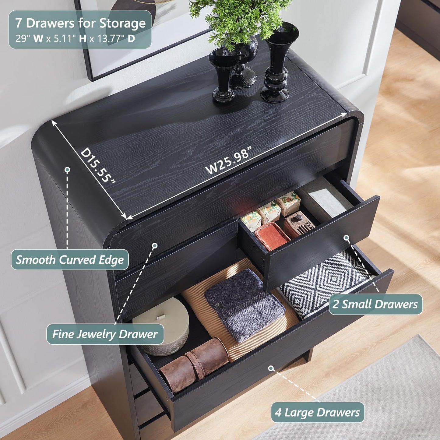 Aitjunz Modern 7 Drawers Dresser for Bedroom, 55" Tall Dressers & Chest of Drawers w/Curved Profile Design, Wood Mid Century Vertical Storage Dressers Organizer for Bedroom, Living Room, Black