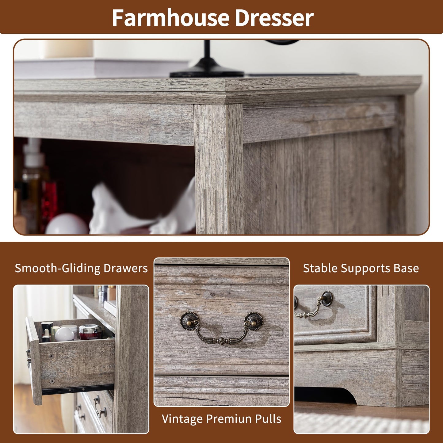 Homkdom Dresser for Bedroom with Charging Station & LED Light,Tall Dresser & Chests of Drawers with 6 Drawers,Vintage Gray