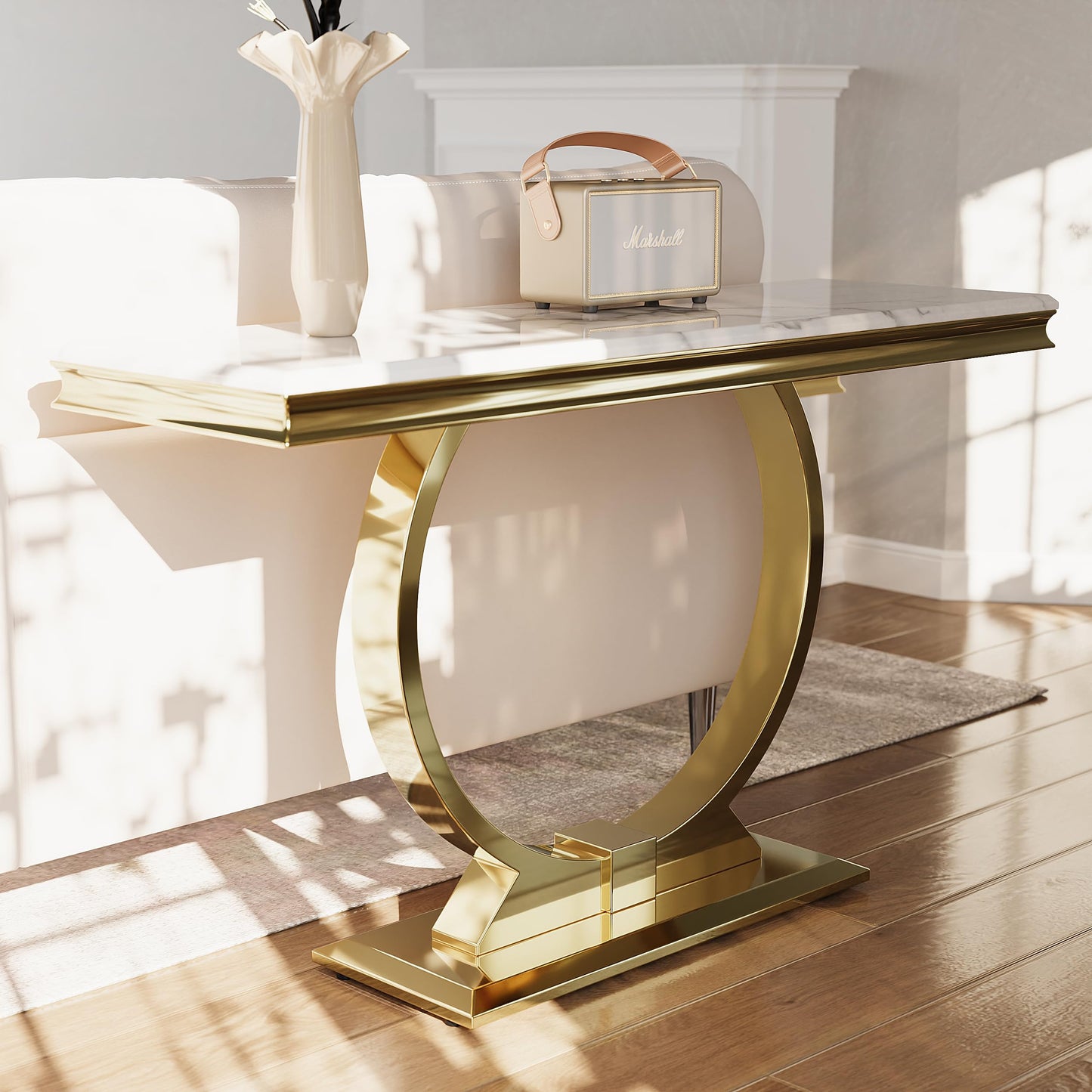 Asday Gold Console Table, 50 Inch Glam White and Gold Entryway Table with U-Shaped Base, Polished Gold Entrance Table with White Top for Entryway, Hallway, Foyer