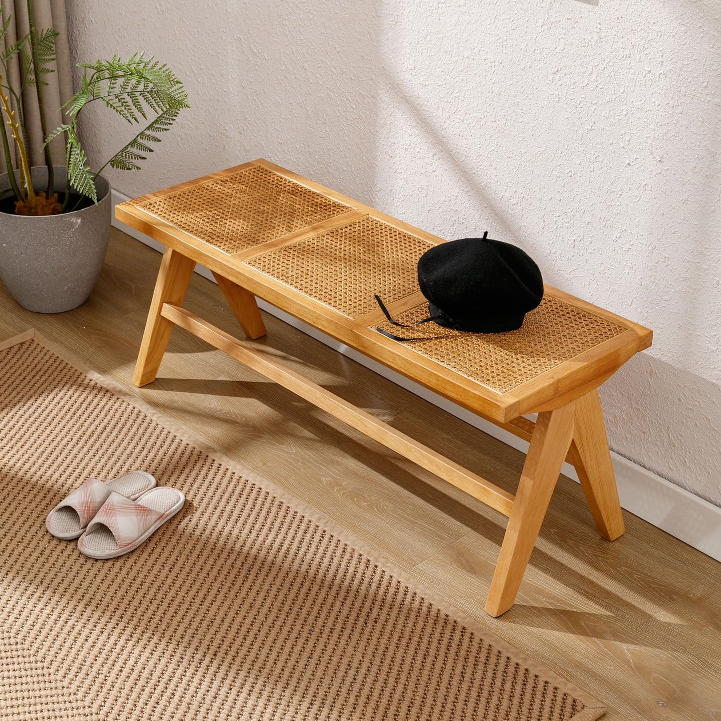 COMULER 45” Natural Rattan Entryway Bench Wicker Wood and Cane End of Bed Bench Farmhouse Wooden Dining Bench with Footrest for Kitchen Cane Bench Seat for Bedroom Hallway Foyer Living Room