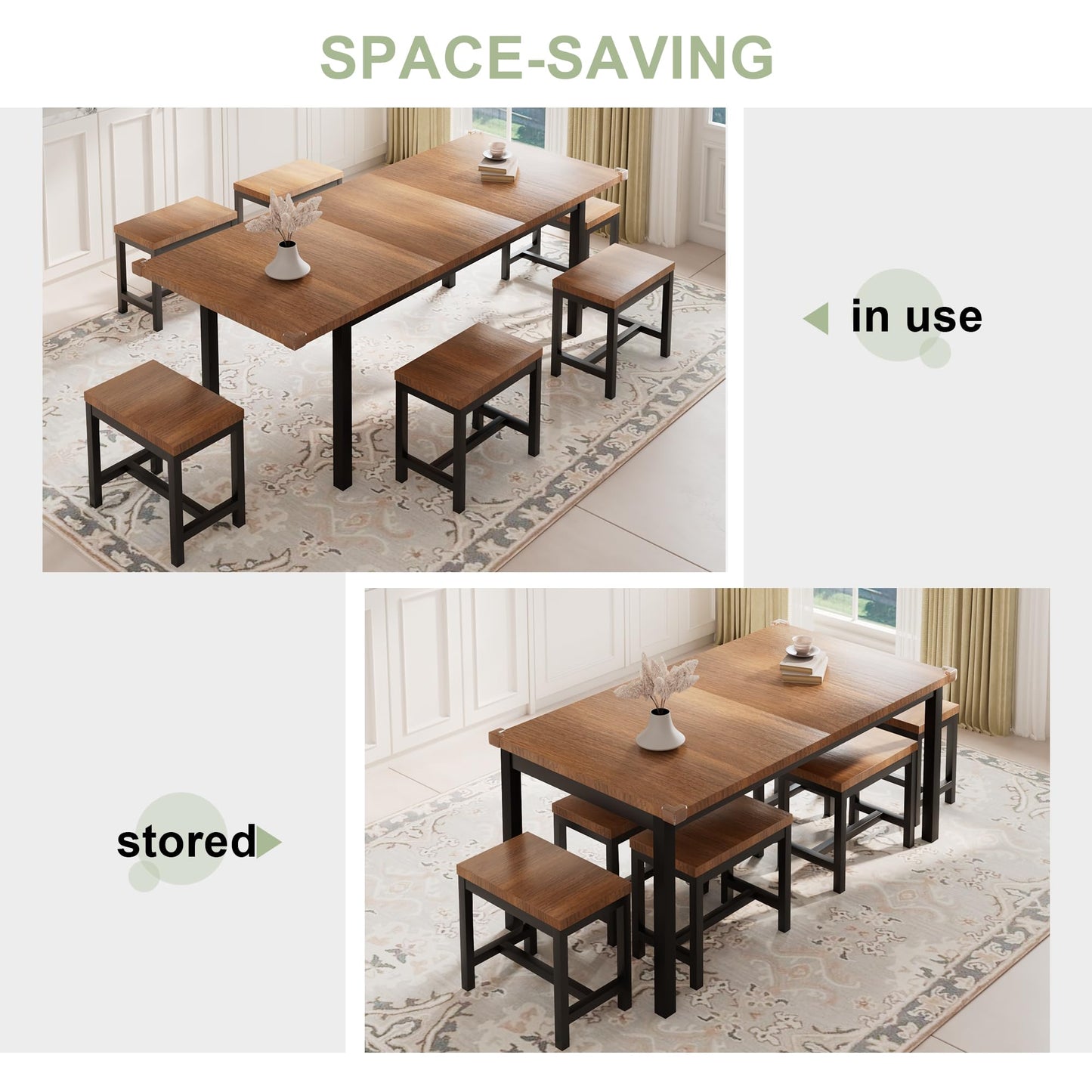 Feonase 7-Piece Dining Table Set with 6 Stools, 63" Large Extendable Kitchen Table Set for 4-8, Mid-Century Dining Room Table with Heavy-Duty Frame & MDF Board, Easy Assembly, Walnut