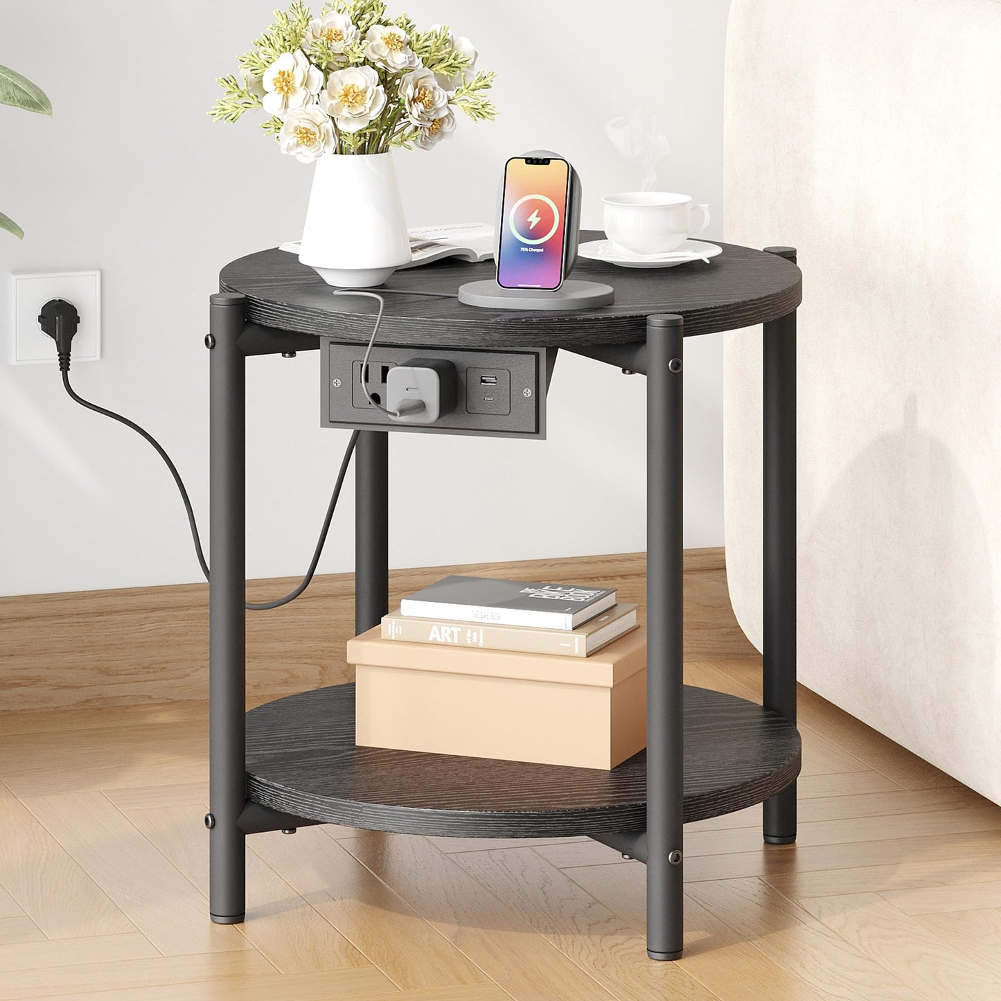 LIKIMIO Round Side Table with Charging Station, 2-Tier Wooden End Table with Lower Shelf, 15.8" W Modern Wooden Nightstand for Small Spaces, Living Room, Bedroom, Black