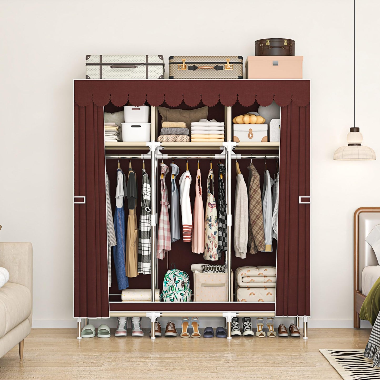 LEAIJIAFY Portable Wardrobe Closet with Metal Frame, Deep Red & Brown Fabric Cover, 3-Tier Storage with Hanging Rod, 3 Storage Area for Clothing,Bedding (Deep Red)