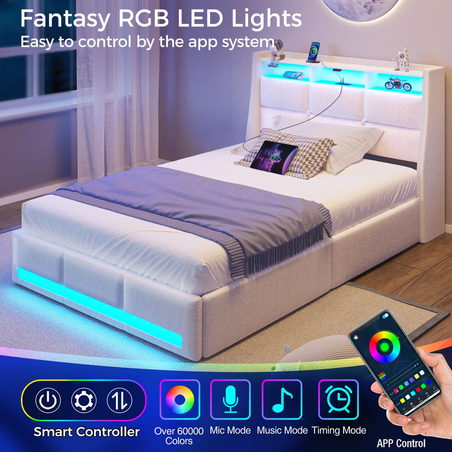 Rolanstar Twin Size Bed Frame with LED Lights and Charging Station, Upholstered Bed Storage Headboard & Drawers, Heavy Duty Wood Slats, Easy Assembly, White