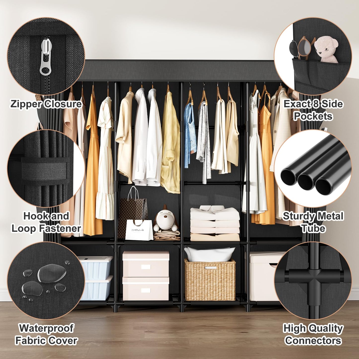 BrFoYu Portable Closet for Hanging Clothes, 67 Inch Wide Portable Wardrobe Closet with Cover, 4 Hanging Rod, Storage Shelves and Side Pockets, Large Free Standing Closet for Bedroom, Black
