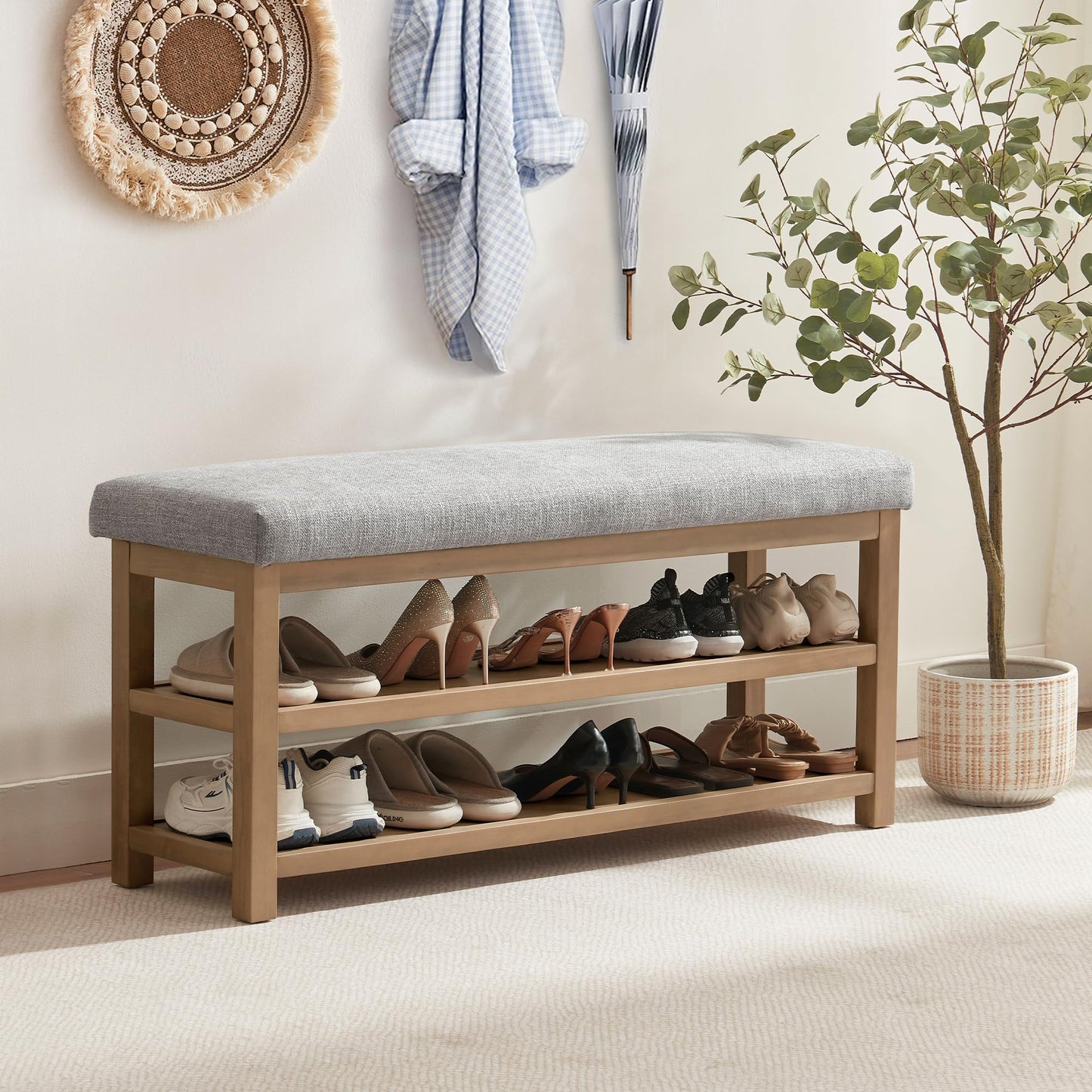 Zihanhome 2 Tier Shoe Rack Bench with Cushion, Solid Wood Shoe Benches, Mid-Century Modern Shoe Storage Bench for Entryway, Hallway, Living Room, Closet, Front Door Entrance, (Grey, 46.5")