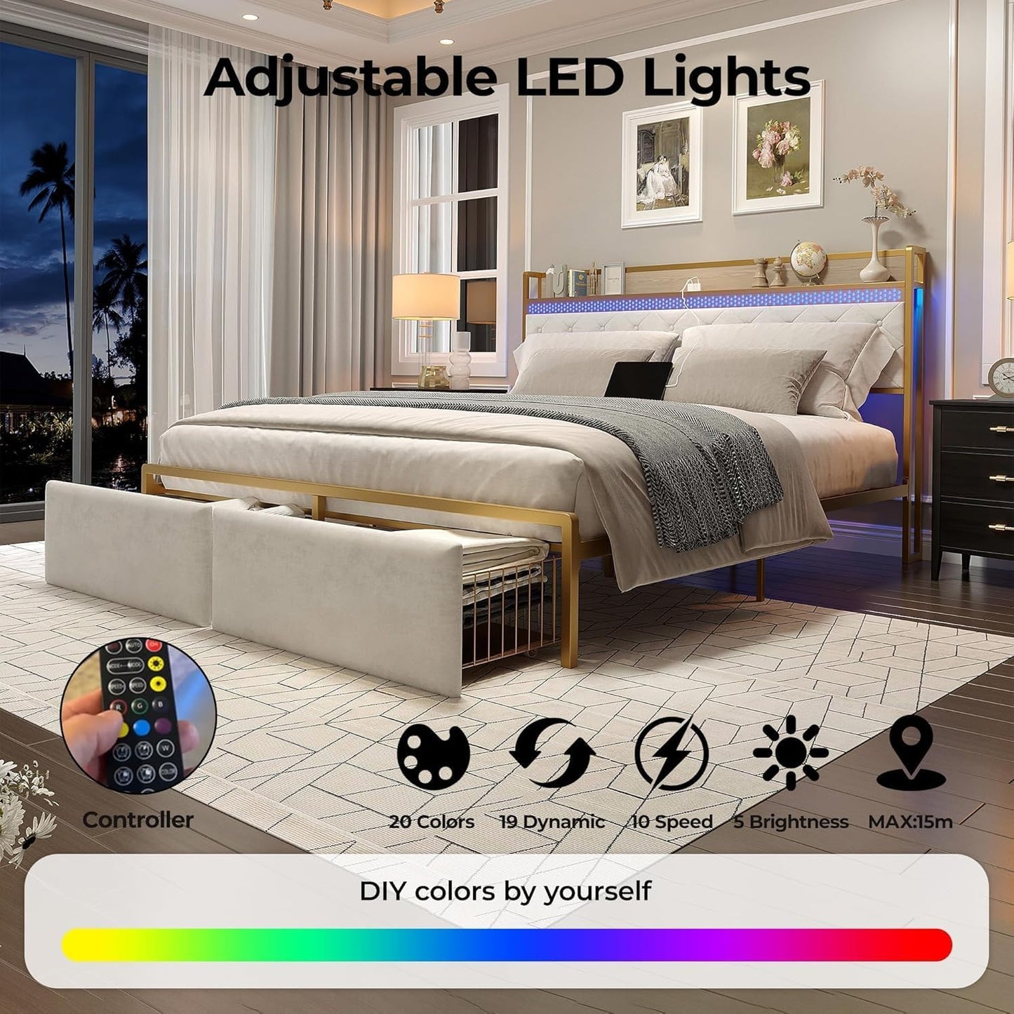 GAOMON King Size Bed Frame with Storage Headboard and Charging Station, Metal Platform Bed Frame with 2 Storage Drawers and LED Lights, Noise-Free, No Box Spring Needed, Rustic White