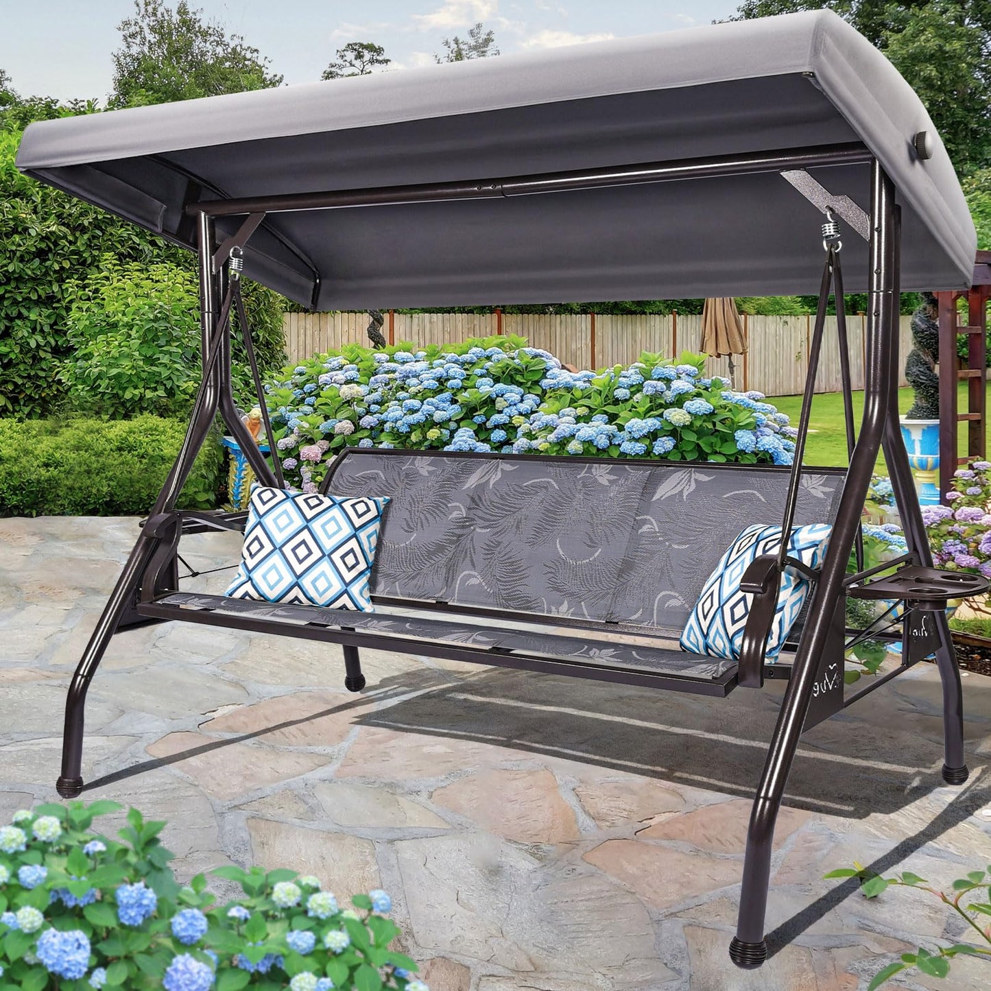 ZZW 3 Person Patio Swing Outdoor Swing for Adults with Adjustable Canopy &Upgraded Cup Holders Textilene Fabric Porch Swing Chair with Stand Heavy Duty 800 LBS