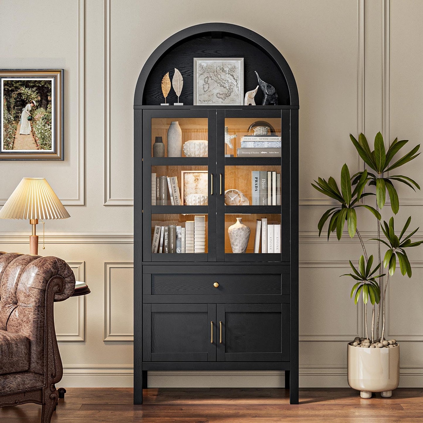 OTDMEL 71" Display Arched Storage Cabinet with Glass Doors & Auto Sensor LED Lights, Tall Modern Black Storage Cabinets with Drawers and Adjustable Shelves for Dining Room/Bathroom/Kitchen/Office
