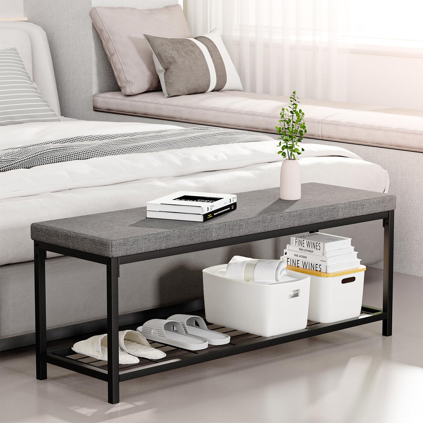 Masigle Shoe Bench, Entryway Bench with Cushion Seat, Shoe Rack Bench with Storage, Modern Style, Holds Up to 350 lb, for Living Room, Bedroom, Hallway, Grey