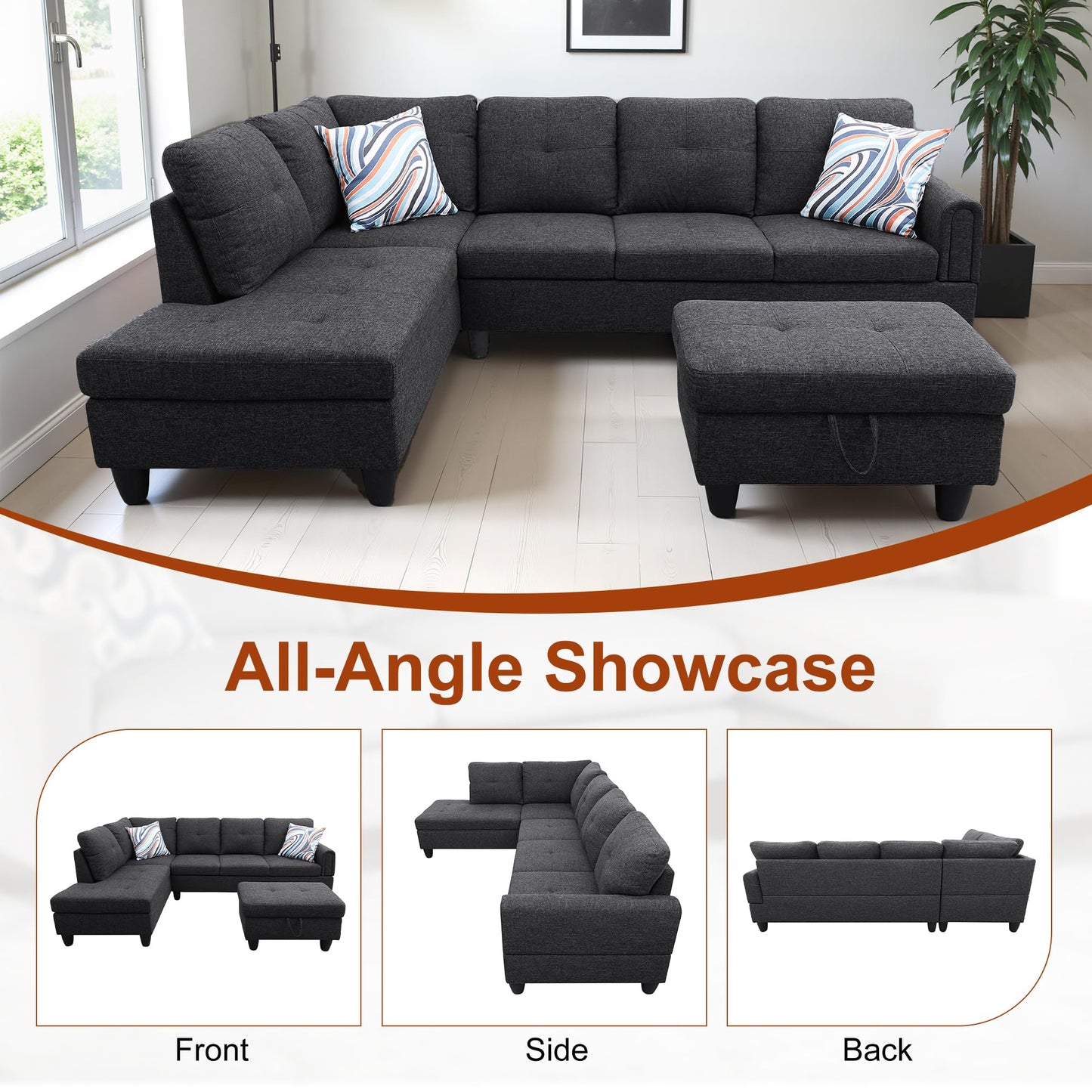 Osparple L Shaped Couch Sectional Couches for Living Room Upholstered Linen Fabric 3 Pieces Modular Sectional Sofa with Chaise, Ottoman with Storage for Small Apartment, Charcoal