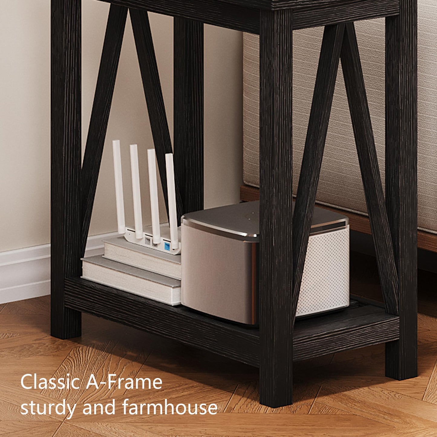 ChooChoo Farmhouse End Table, Narrow Side Table, Slim End Table with Storage Shelf for Small Spaces, Rustic Nightstand, for Living Room, Bedroom Black