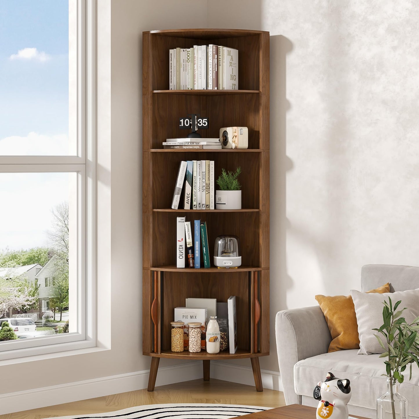 Limaoaio Corner Cabinet, 66.73'' Tall Modern Corner Bathroom Storage Cabinet with 2 Fluted Doors and Shelves, Home Space Saver for Kitchen, Living Room, Study Room(Walnut, 66.73''H)