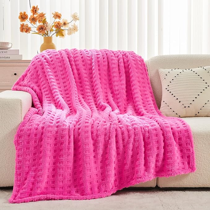 NEWCOSPLAY Super Soft Twin Blanket Pink Premium Silky Flannel Fleece 3D Waffle Checkered Lightweight Bed Blanket All Season Use (Hot Pink, Twin(60"x80"))