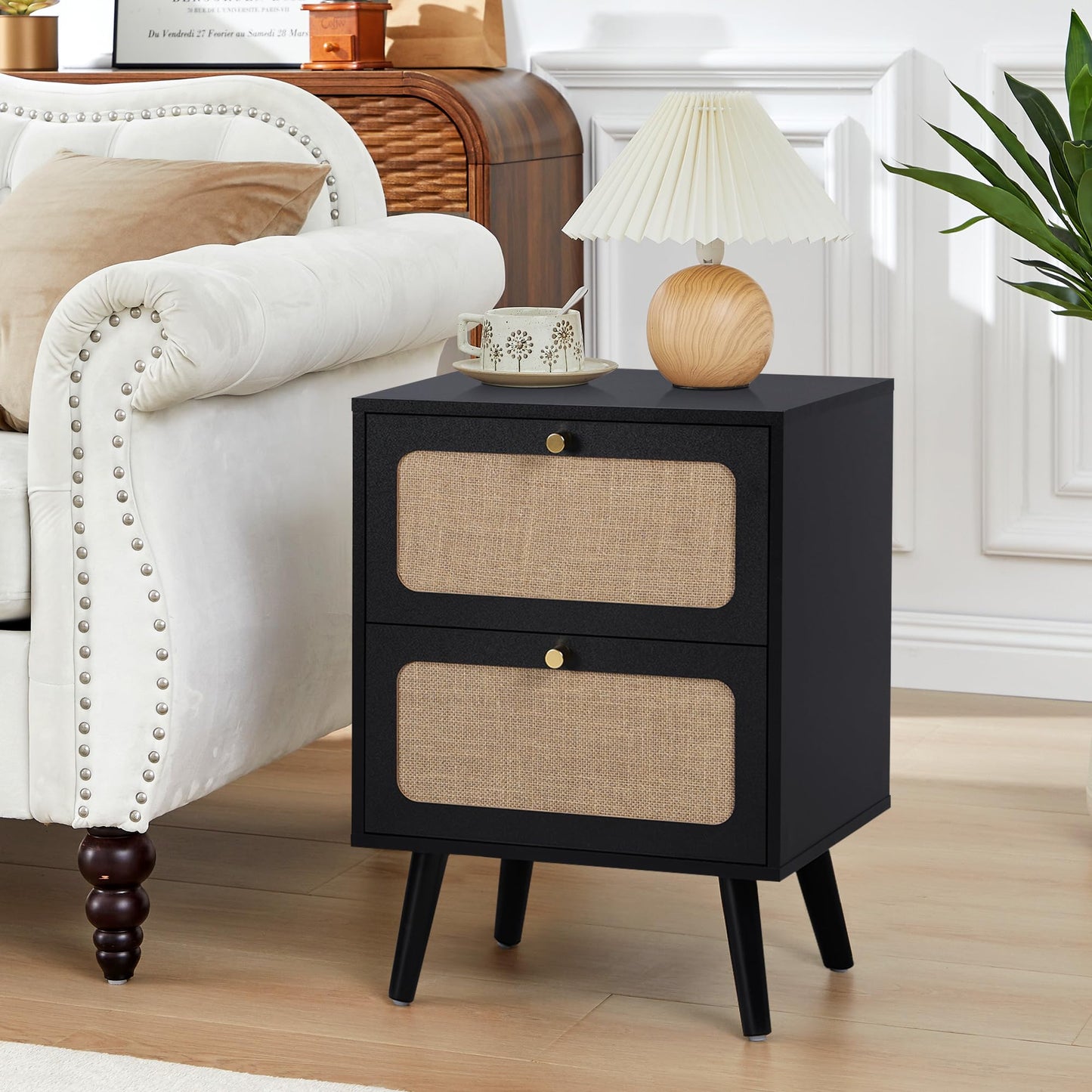 RUSTYER Mid Century Night Stand Set of 2, Modern Nightstand with 2 Drawers & Curved Linen Panel, Farmhouse End Table Wood Bedside Table Small Side Tables for Small Space, Bedroom (Black)