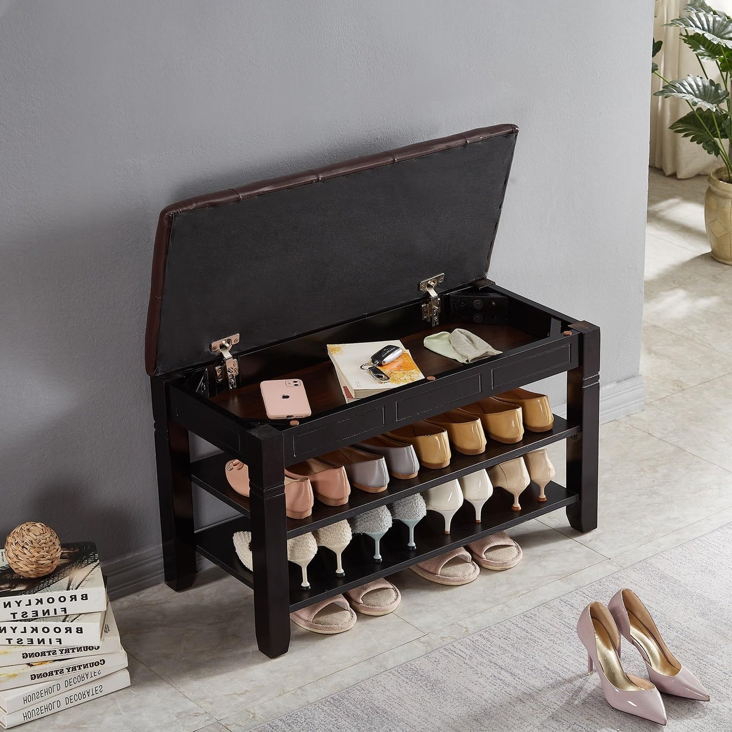 ZIRKOOON Shoe Storage Bench, Entryway Shoe Rack with Fiberleather Seat 2-Tier Lift Top Organizer Wooden Shoe Bench for Entryway Hallway Living Room (Black 31.5x13.8x18.9'')