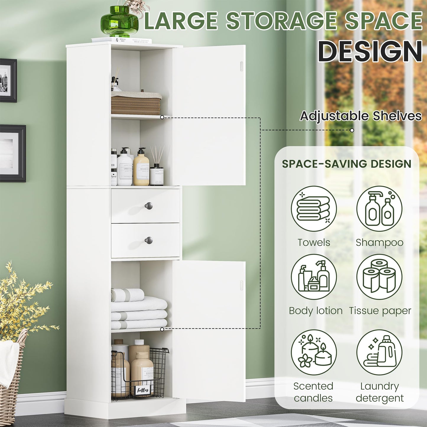 DDONGMM Tall Bathroom Storage Cabinet with 2 Drawers, Farmhouse Narrow Storage Unit with 2 Doors and Adjustable Shelves, 67" Tall Cabinet for Bathroom, Kitchen, Home Office (White, 1 Piece)