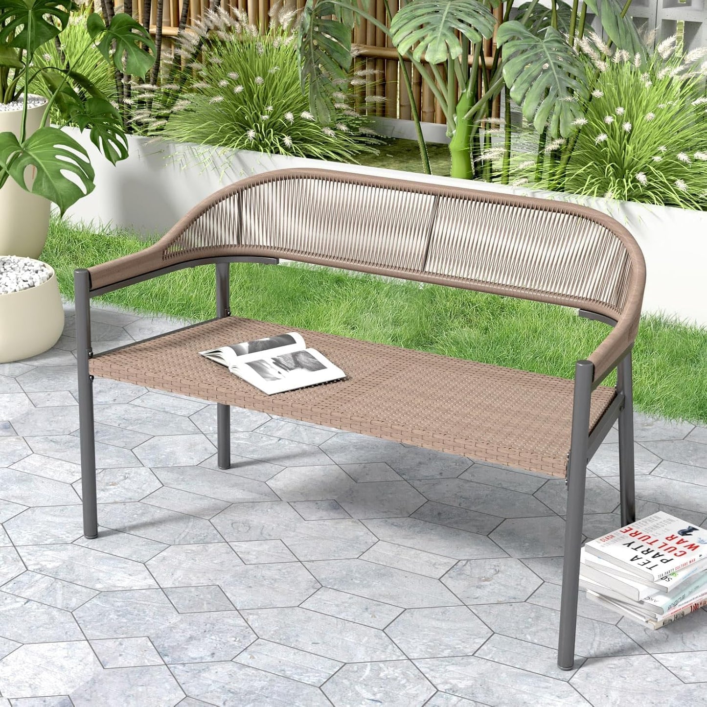 OPENAIRCOMFORT Outdoor Loveseat Bench,46.8 Inches Wicker Frame Patio Bench, All Weather Outdoor Bench with Rattan Backrest Armrests and Metal Legs for Lawn, Front Porch, Park, Yard