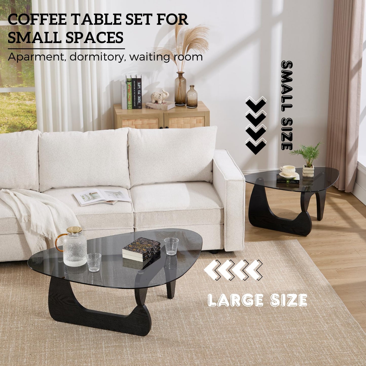 Hyfirm Small Glass Coffee Table, 32.5" Black Triangle Center Table with Solid Wood Base Abstract Contemporary Coffee Table for Living Room Office Patio, Grey