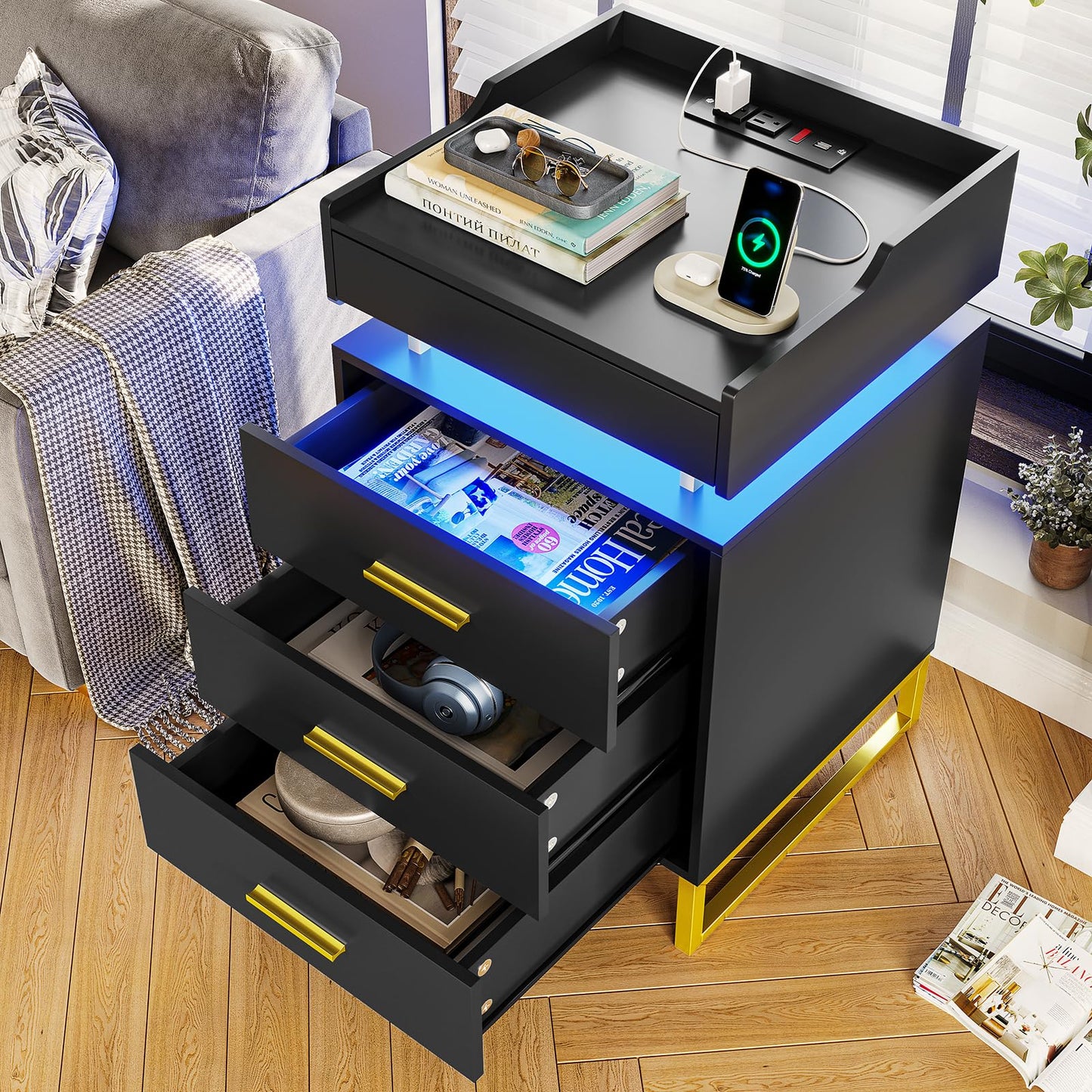 BTHFST LED Nightstand with Charging Station, Night Stand with 3 Drawers and 1 Pull-Out Tray, End Side Table with Storage, Bedside Table with LED Lights & Metal Legs, Black and Gold