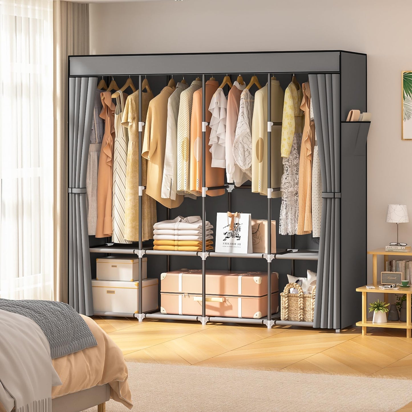 Neatrays Portable Closet, 66 Inch Large Capacity Wardrobe for Closet Organizers and Storage with Non-Woven Fabric Cover, 4 Hanging Rods, 8 Shelves (Gray)
