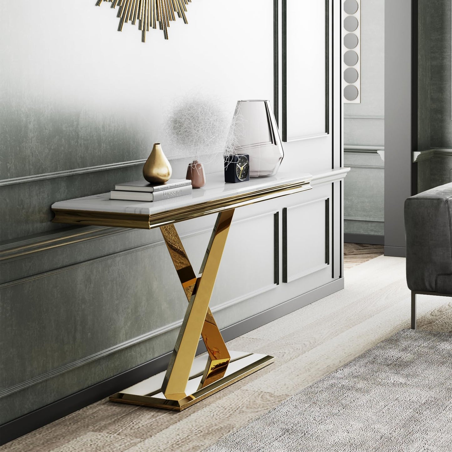 ACEDÉCOR Gold Console Table, 50" Entryway Table with White Tabletop & Gold Polished X-Base, Luxury Sofa Table for Living Room, Hallway, Foyer