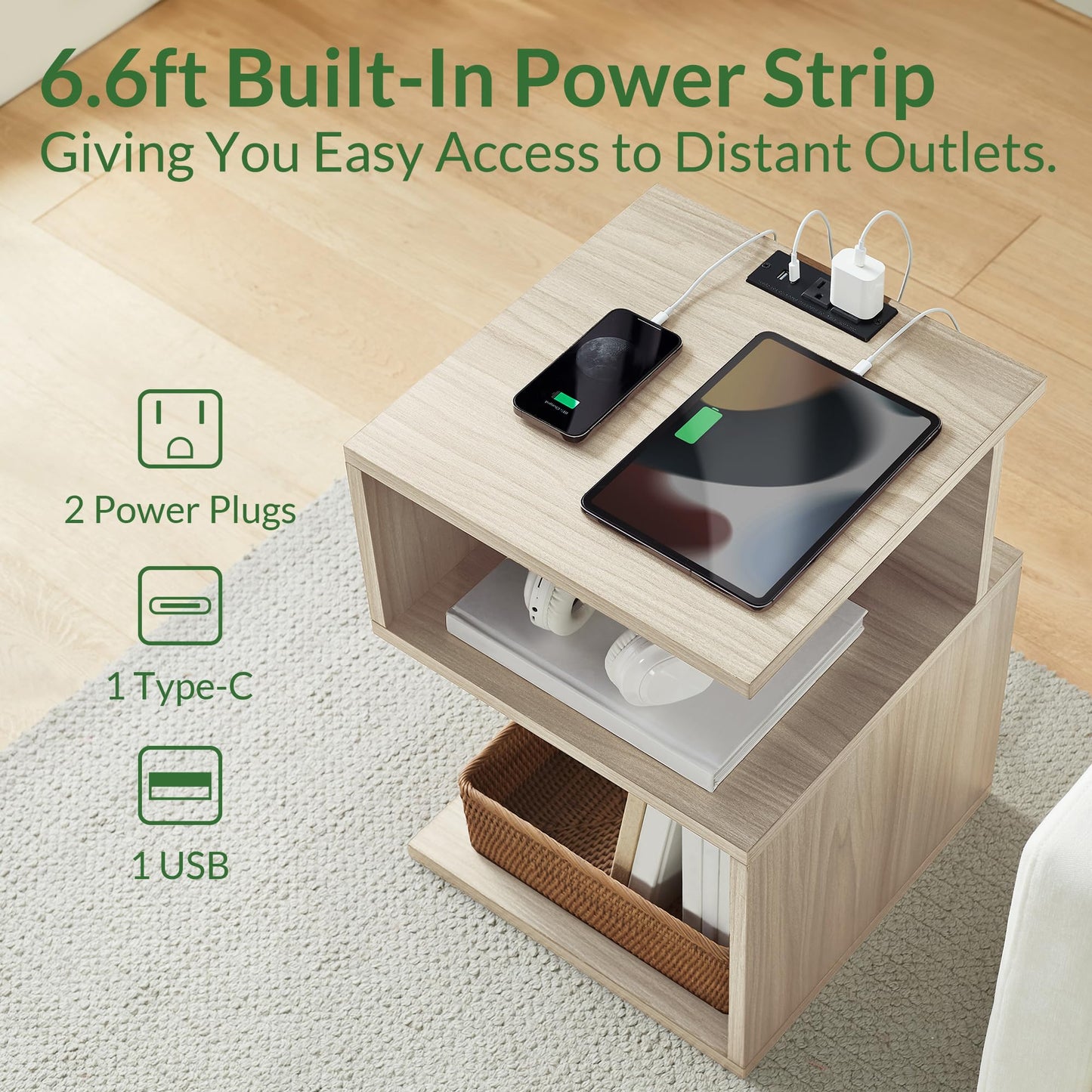 ODIKA Tokyo S Flip Minimalist 3 Tier End Table with Fast Charging Station - USB C Cable Wood Nightstand for Small Spaces with Open Storage Bedside Table for Bedroom (Reverse, Natural w/Charging)