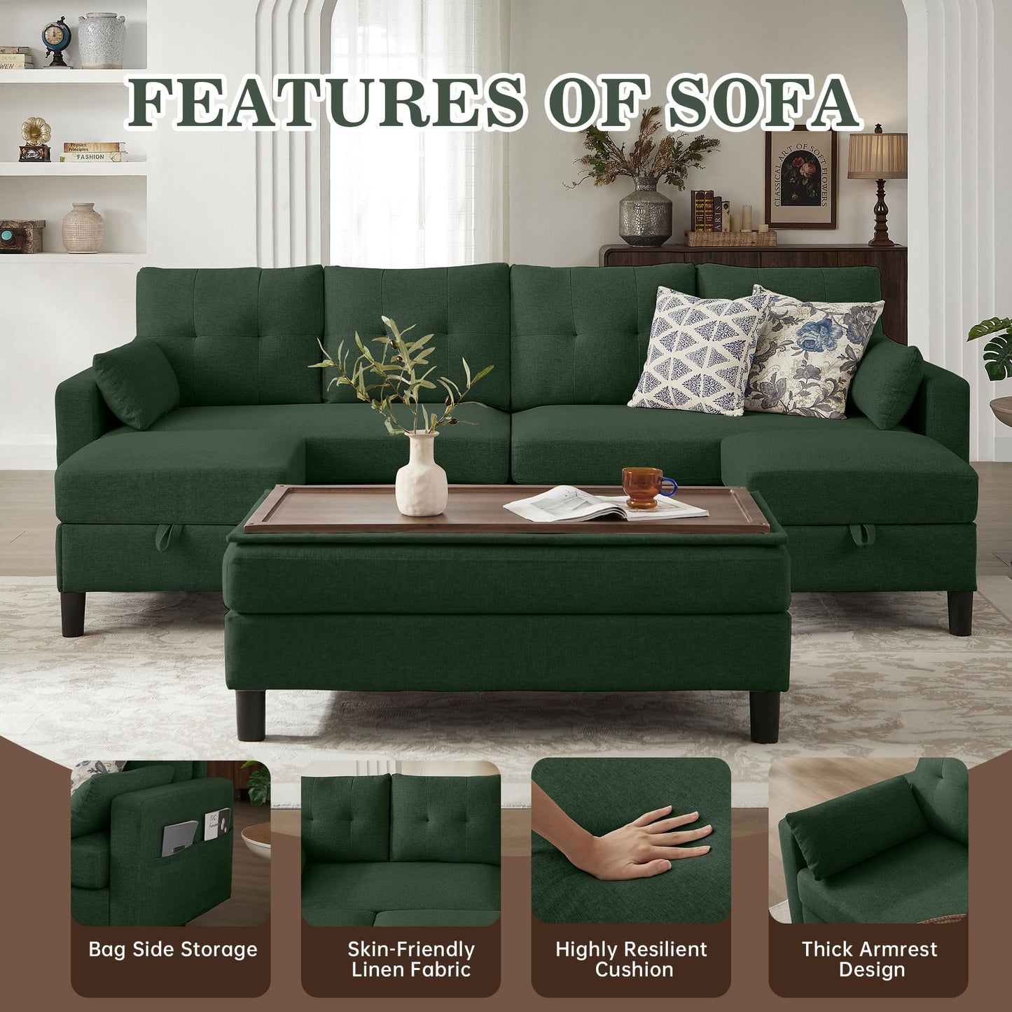 Pingliang Home 101" Convertible Sectional Sofa with Ottoman Coffee Table, Modern Linen Fabric U-Shaped Couch with Storage Pocket, 4 Seat Sofa Couches for Living Room, Apartment, Office, Green