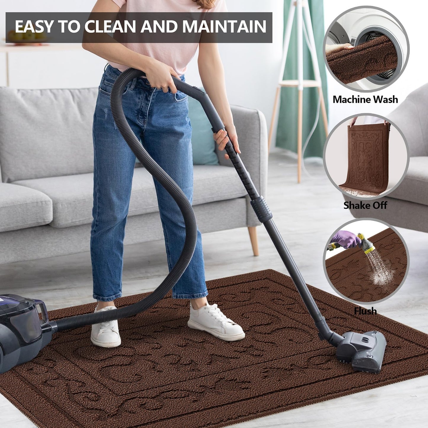 FONEYI Indoor Doormat, Front Back Door Mat 24"x36" Washable, Rubber Backing Non Slip Door Mats, Low-Profile Absorbent Entrance Doormat Inside Floor Mats for Entryway, Resist Dirt Entry Rugs, Coffee