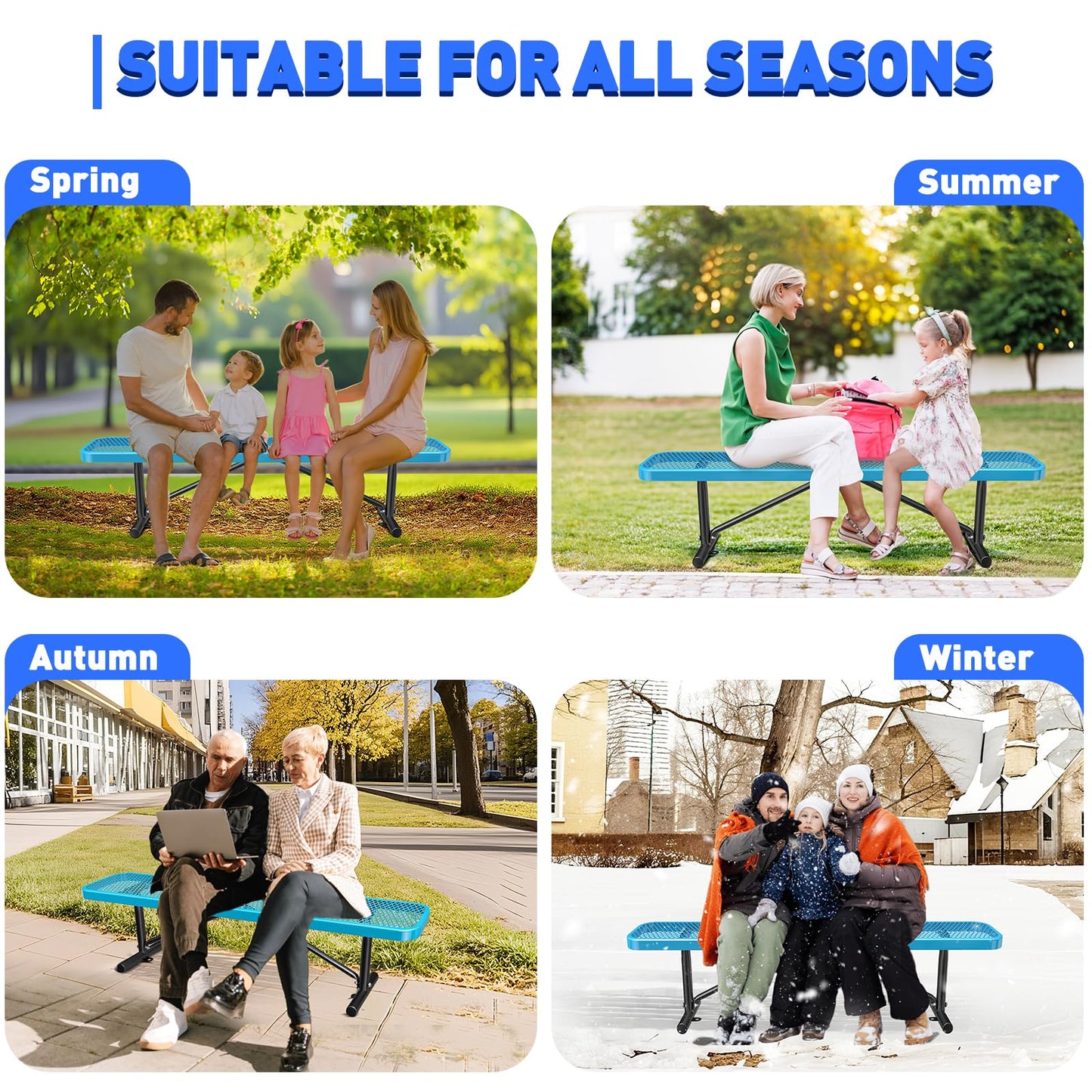 Thermoplastic Coated Iron Park Bench for Outside, Heavy Duty Metal Garden Bench, Expanded Commercial Grade Seating for Shopping Malls, Lawn Yard Porch Entryway (Blue Without Backrest, 48IN)