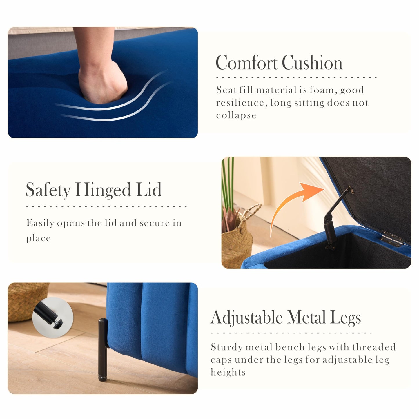Aoiy & Wifon 49.2" W Storage Ottoman Bench, Upholstered End of Bed Storage Bench Foot Rest with Metal Legs for Bedroom/Entryway/Living Room, Velvet, Navy