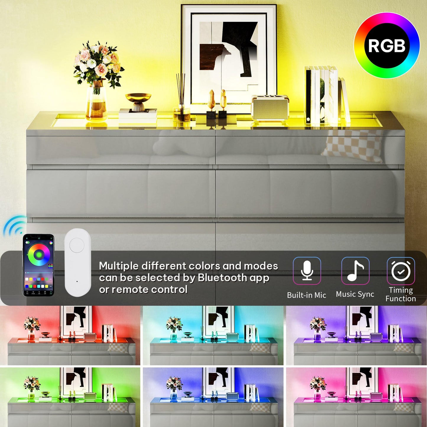 DWVO 8 Drawer Dresser with LED Light,Grey Dresser, Modern 8 Chest of Drawers with Deep Drawers Glass Top High Gloss Surface, Storage Organizer Cabinet for Living Room, Bedroom