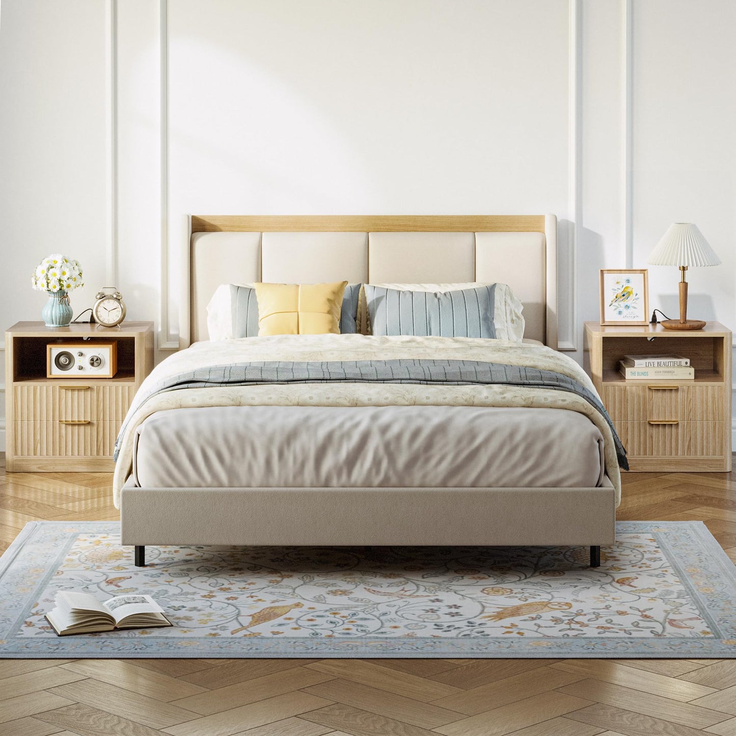 IRONCK Fluted Night Stand Set of 2, Modern Nightstand with Charging Station, Drawers and Open Shelves - Bedside Table Wood Side Table Set for Bedroom