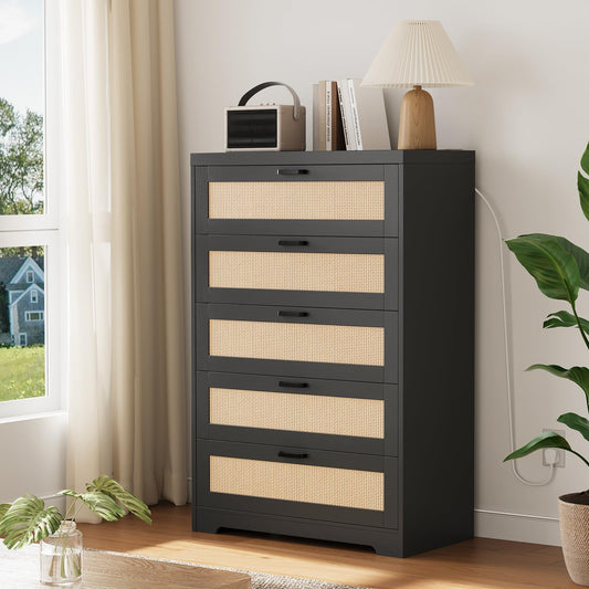 5 Drawer Dresser for Bedroom Wooden Spacious Storage Chest of Drawers with Wide Top Rattan Chest of Dressers Modern Wood Tall Dresser with Metal Handle for Living Room Closet Hallway Entryway