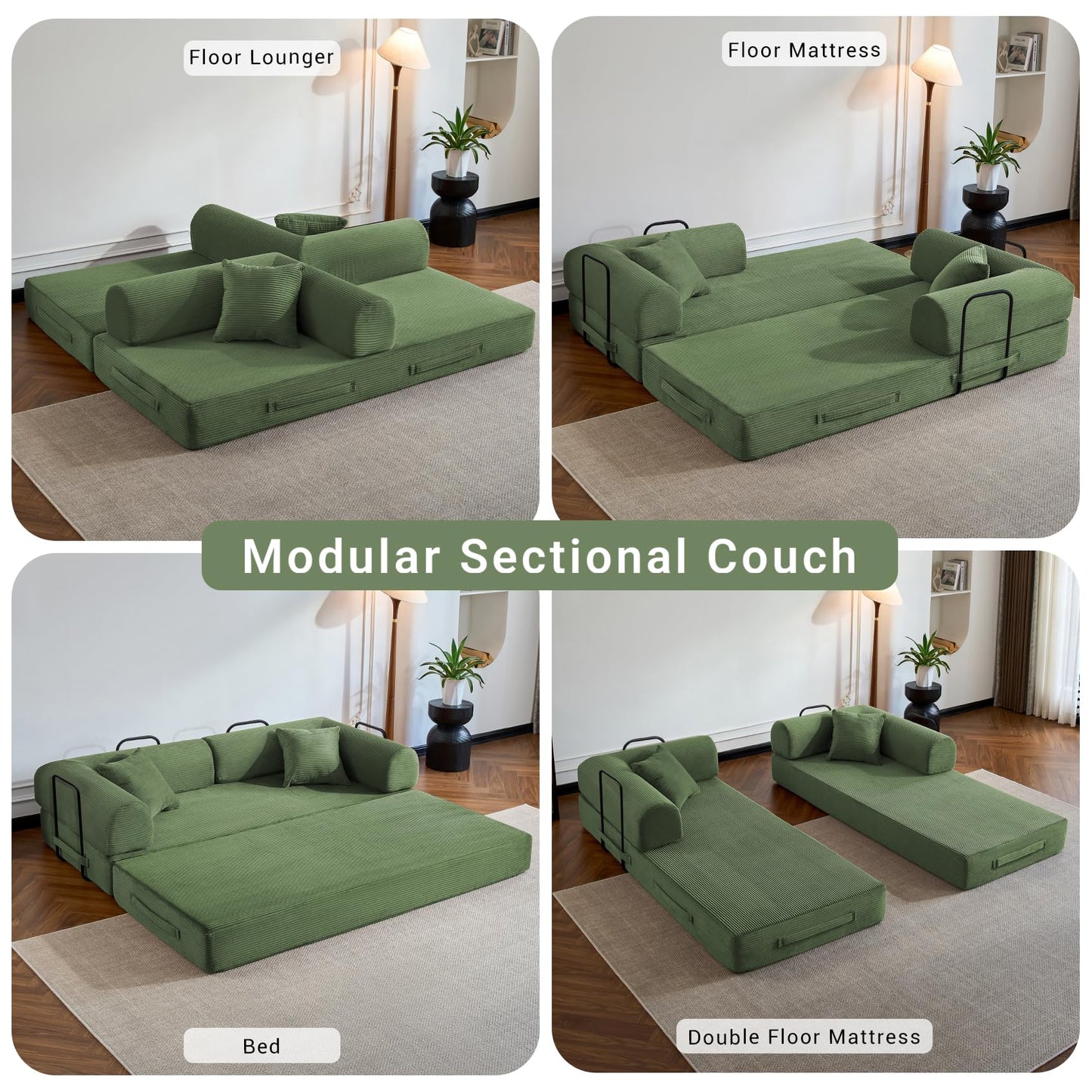 NNQ Compressed Sofa - Convertible Sofa Bed, Corduroy Compression Boneless Couch in a Box, Comfy Modular Foldable Floor Sleeper Sofa for Bedroom, Living Room (Corduroy Fabric, Olive Green)