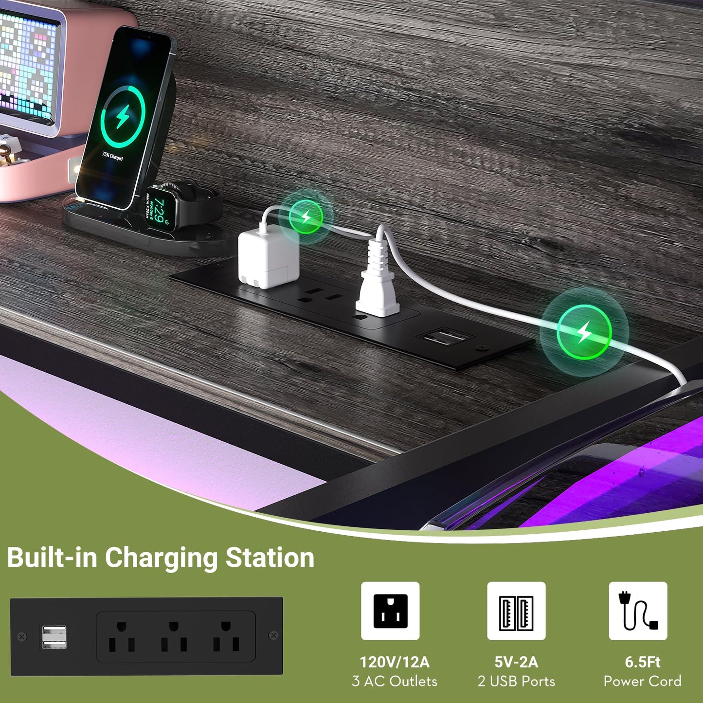 Unikito 53 Inch Desk with Power Outlets and USB Ports, Computer Desk with 1.4 Inch Thicker Desktop, Heavy Duty Study Writing Table with Shelf, Work Gaming Desk for Home Office, Metal Frame, Black Oak