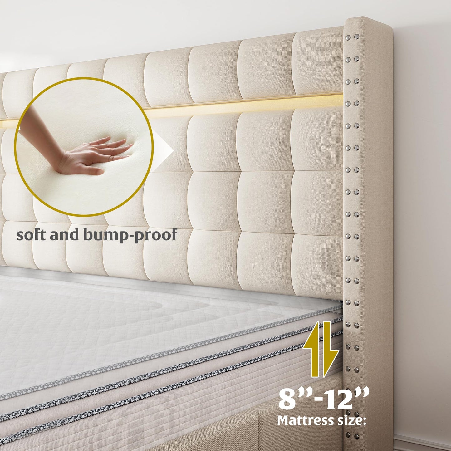 EnHomee Queen Bed Frame with 3 Storage Drawers Upholstered Bed Frame Queen Size with LED and Adjustable Headboard Noise Free No Box Spring Needed Easy Assembly, Beige