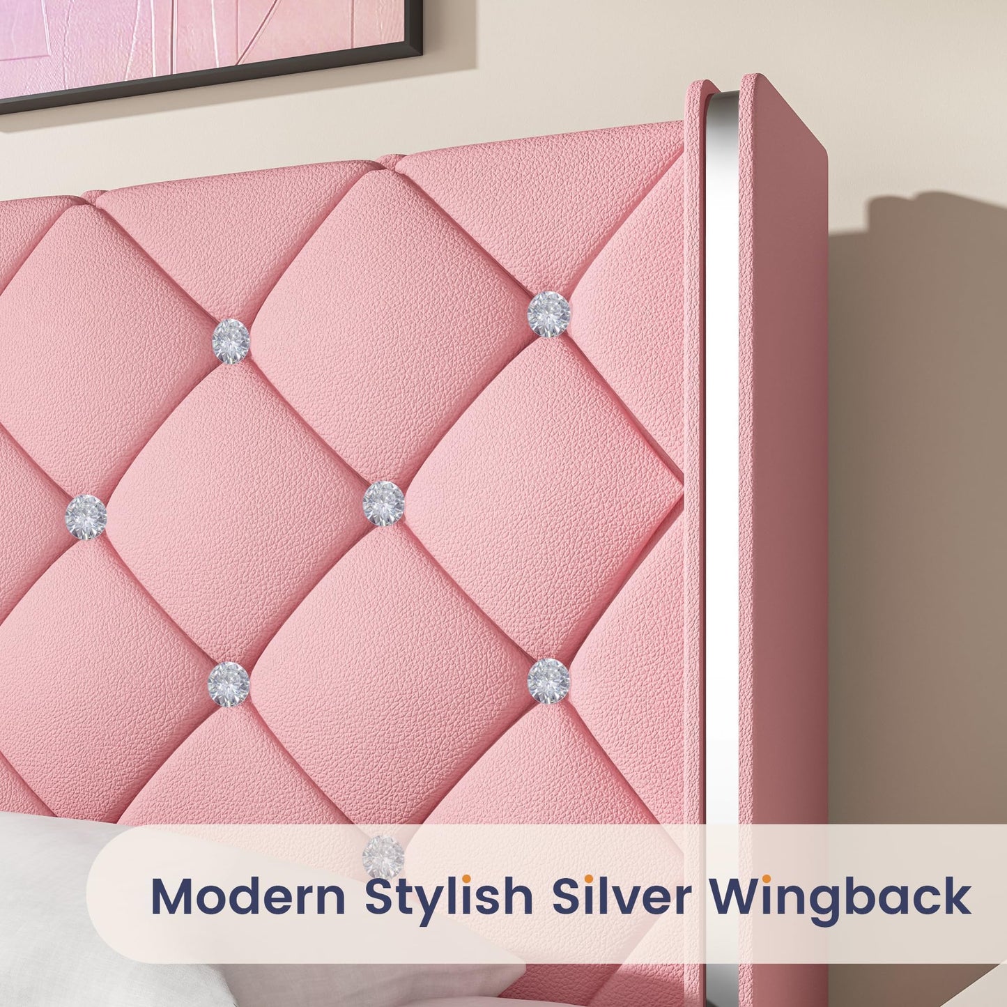 Bed Frame Queen Size with Headboard, Velvet Upholstered Bed with Diamond Tufted Design, Modern Queen Bed Frame, No Box Spring Required, Easy Assembly, Pink