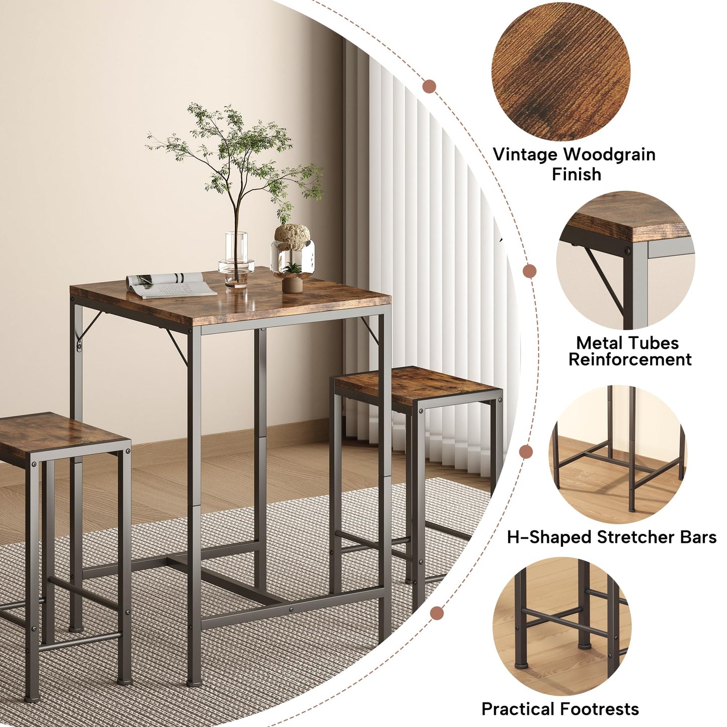 Homeiju Bar Table and Chairs Set, Square Bar Table with 2 Stools, Space-Saving Dining Pub Set for 2, Perfect for Kitchen, Breakfast Nook, Living Room & Small Spaces, Rustic Brown