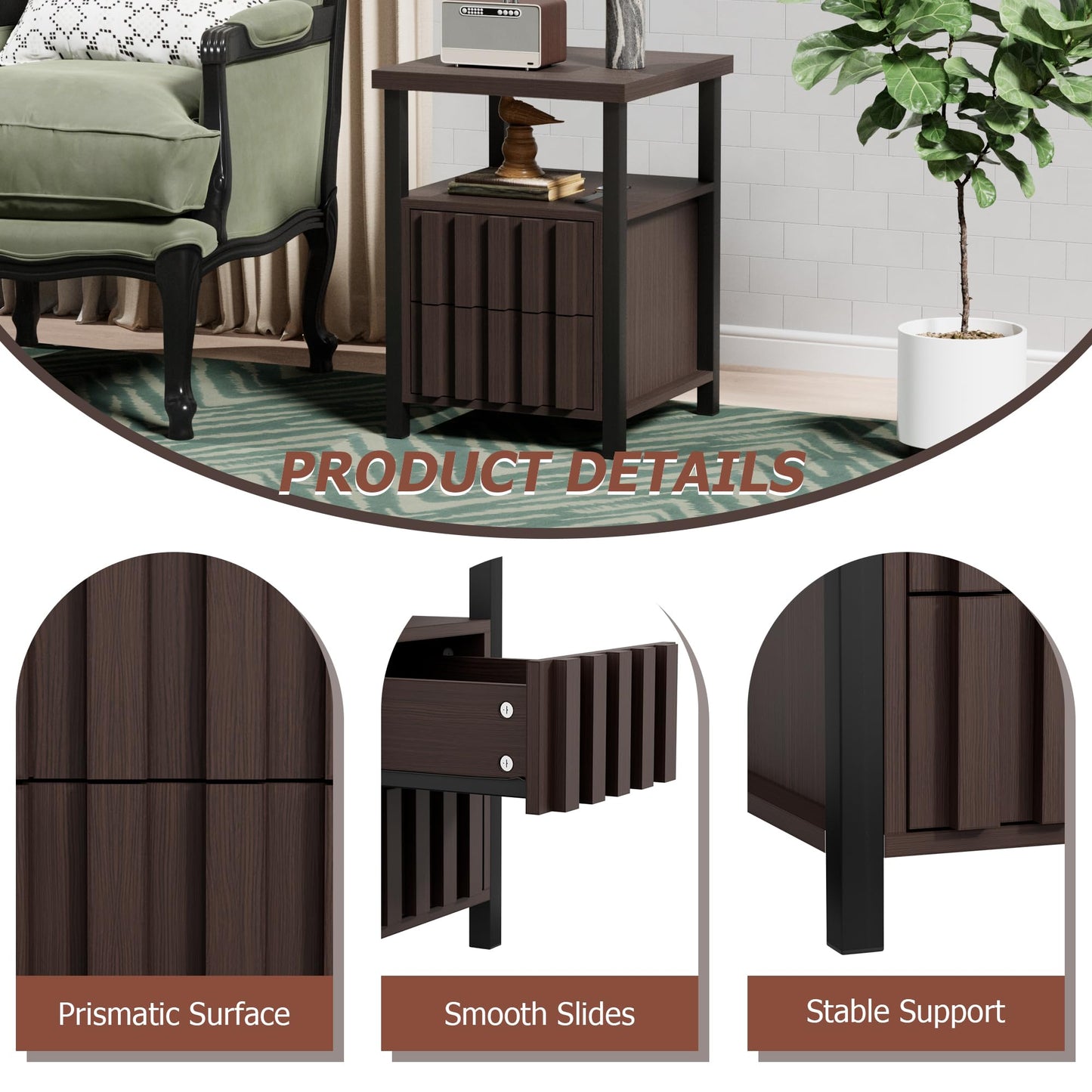 UEV Coffee Table Set of 3,Living Room Table Set,Mid Century Coffee Table,End Side Tables Set of 2 with 2 Drawer for Living Room & Bedroom,Walnut