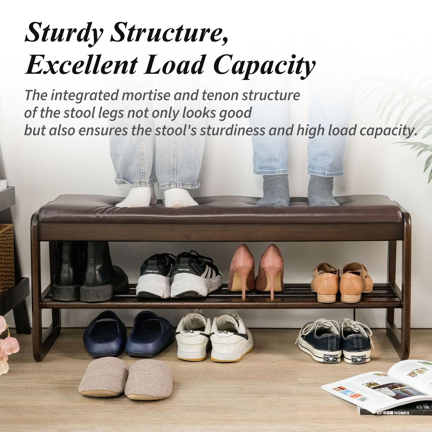 Cttasty Grey Shoe Bench, Entryway Bench with Leather Cushion, Solid Wood Shoe Rack, Mid Century Modern Bench, Shoe Storage, Shoe Organizer for Entryway, 21.7 L x 11.8 D x 16.5 H Inches