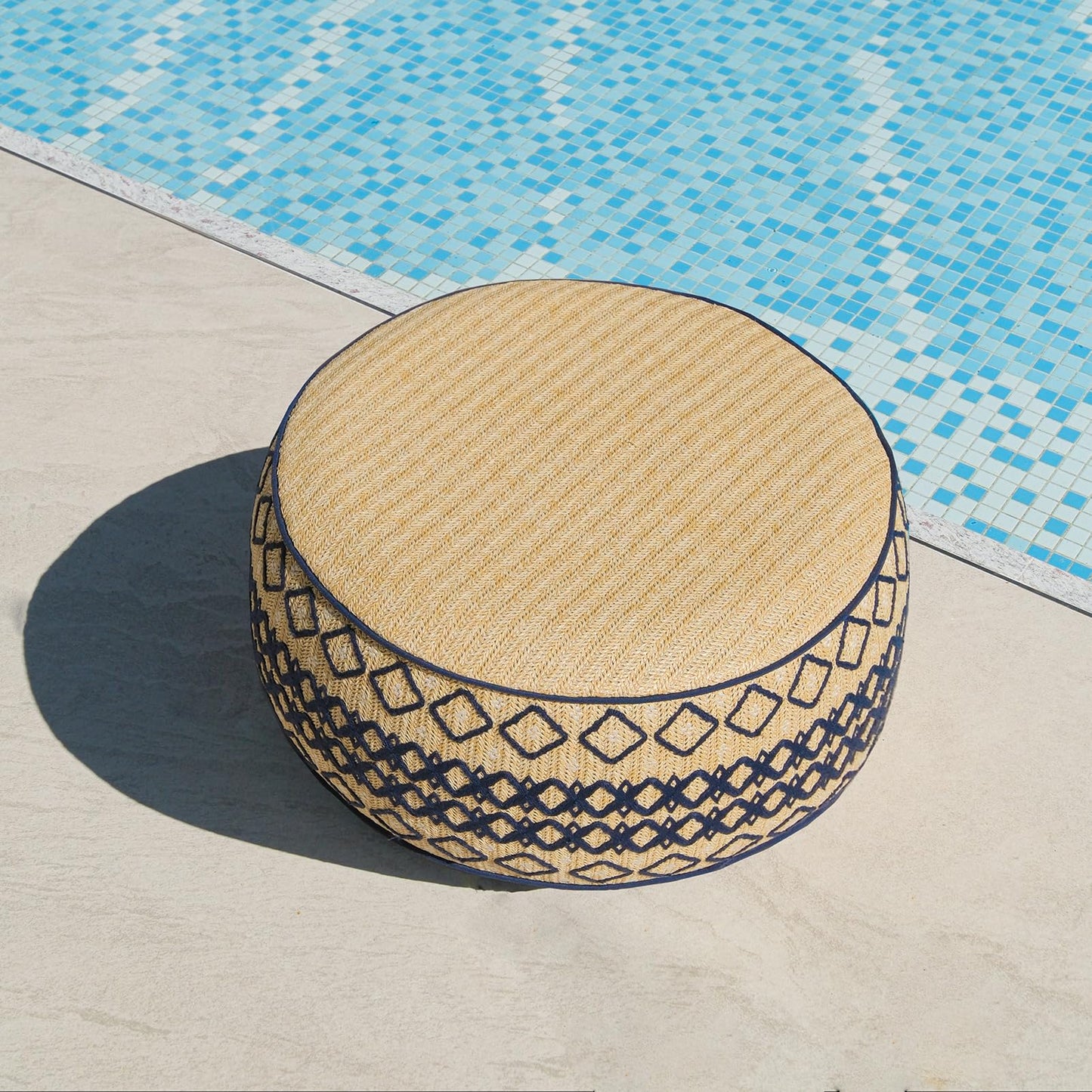GLADTRAX Outdoor Inflatable Ottoman with Air Pump, Embroidery Patio Footrest Stool D21”x H9”, Round Pouf Ottoman with Portable Handle Suitable for Garden, Camping, Bedroom, Living Room
