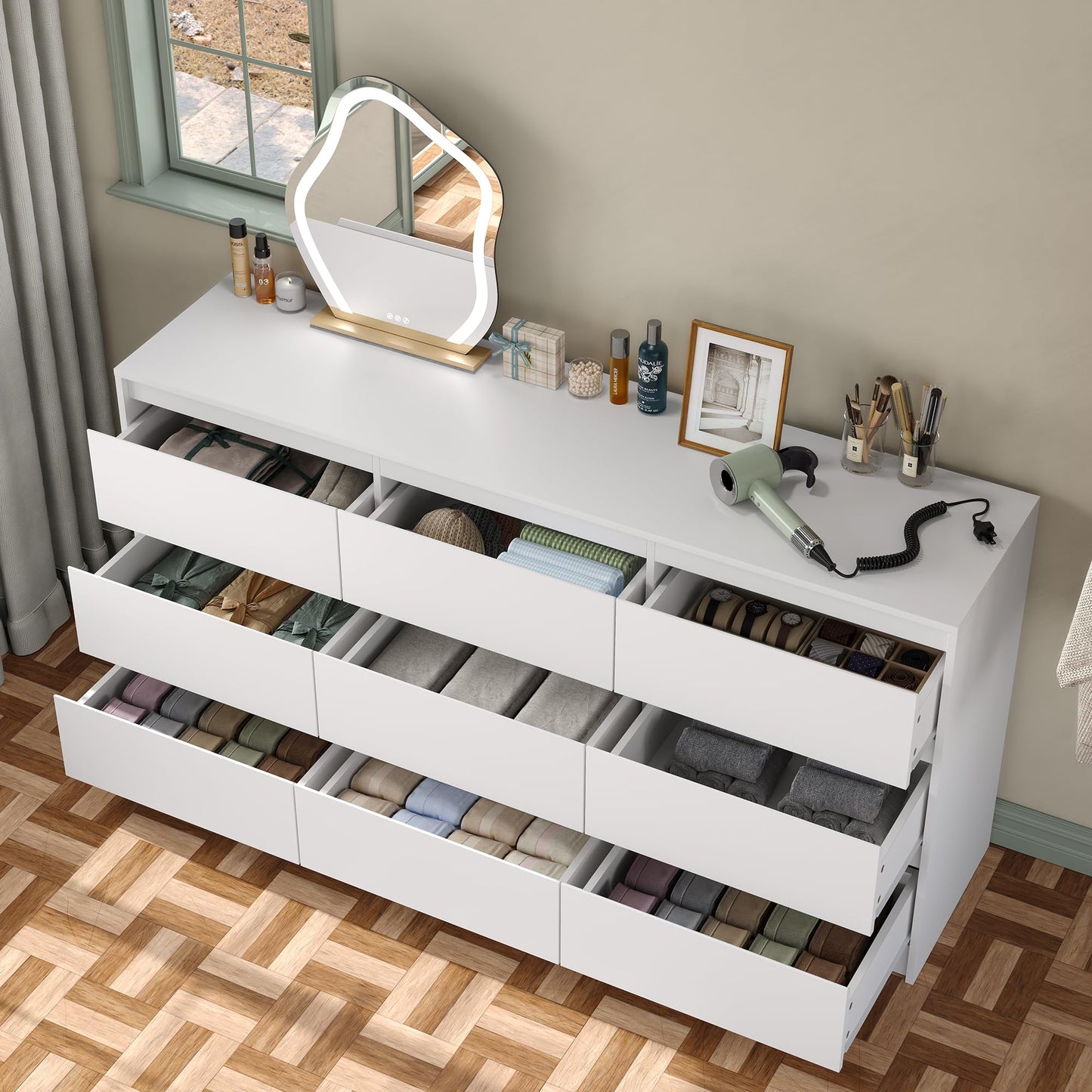 Furniouse Modern 9 Large Storage Drawers Dresser for Clothes Organizer, White Modern Chest of Drawers for Closet,63" Long Drawer Organizer Cabinet for Bedroom,Living Room,Entryway,Hallway