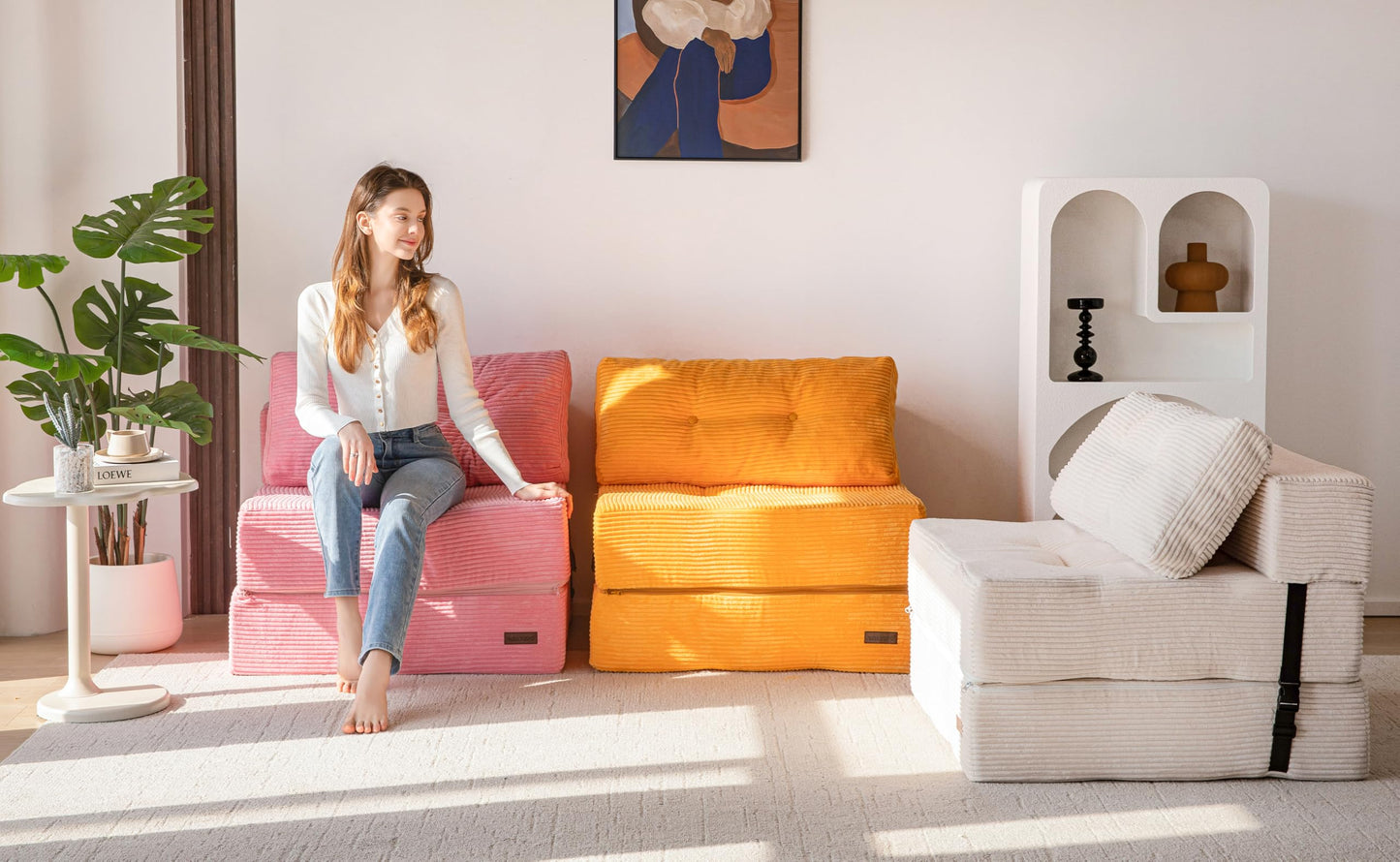 MAXYOYO Folding Sofa Bed, Convertible Sofa Bed with High-Density Support Foam, Portable 4 in 1 Fold Out Chair to Floor Lounger, Versatile Floor Couch for Living Room Bedroom, Orange