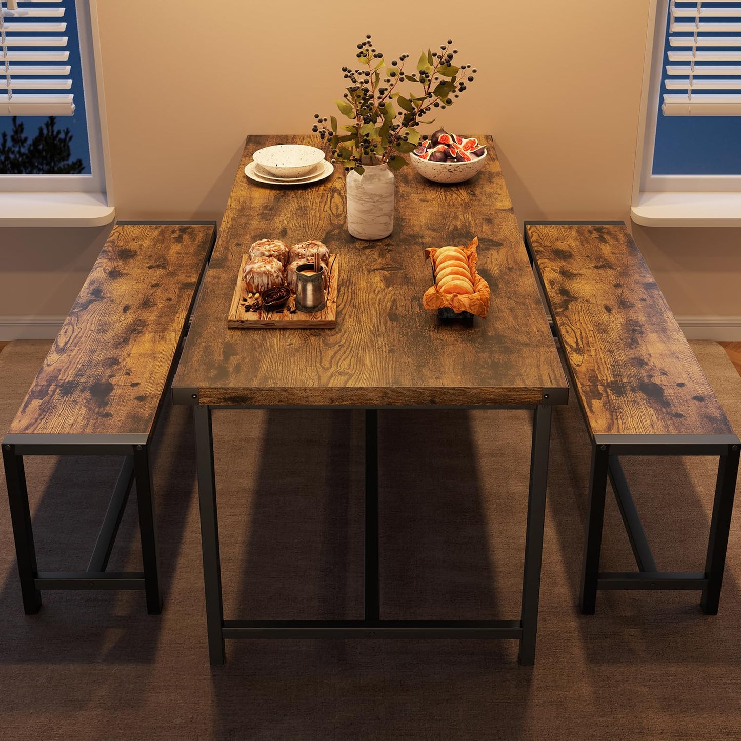 GarveeHome Dining Table Set for 4, Kitchen Table with 2 Metal Wood Benches, Rectangular Room Dining Table Set, 3 Piece Bench Table Set for Small Space, Apartment, Studio, Rustic Brown