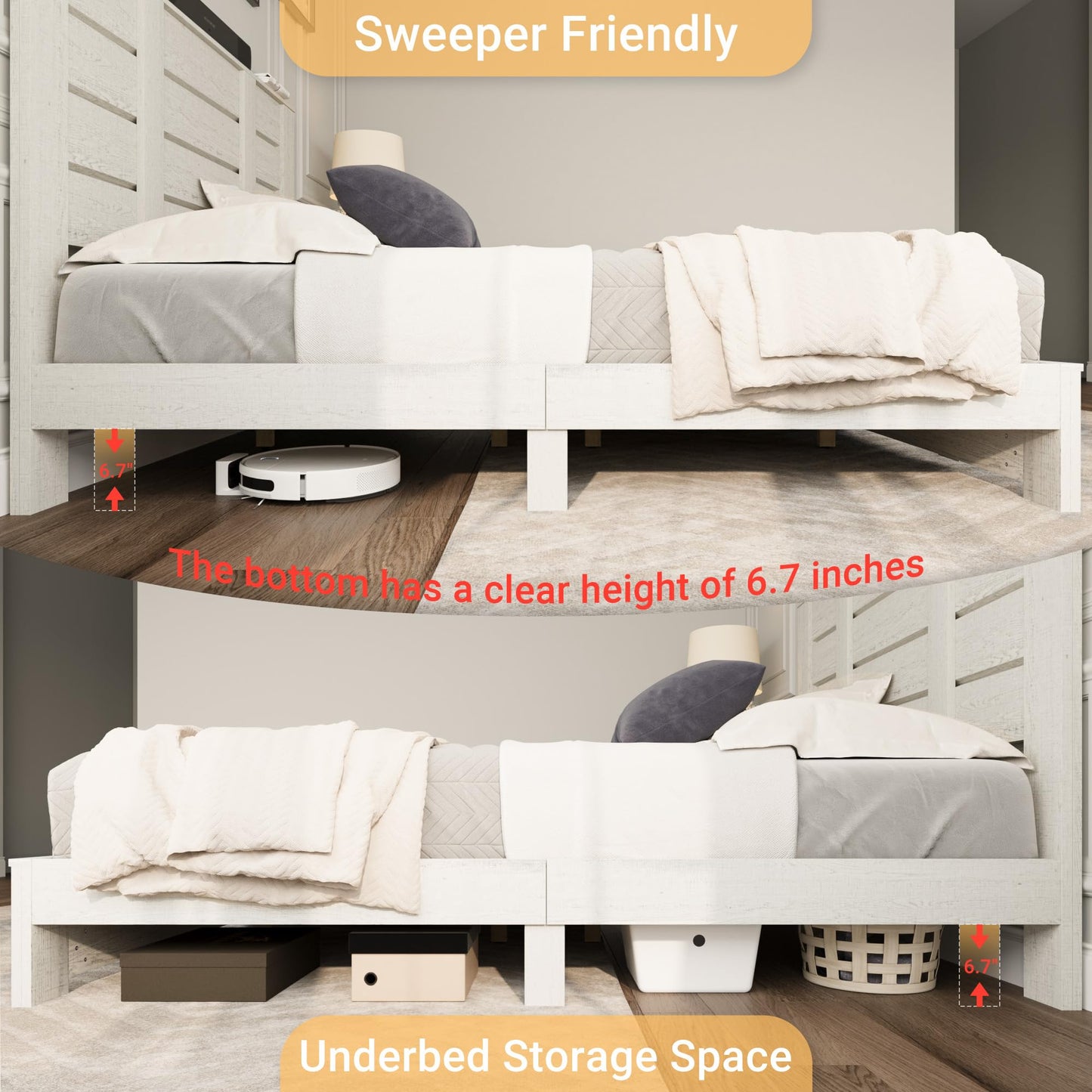 Mekminop Queen Size Wood Bed Frame with Tall Headboard & Footboard, Farmhouse Platform Bed with Solid Wood Slats Support, No Squeak, No Box Spring Needed (Beige Wood Grain)