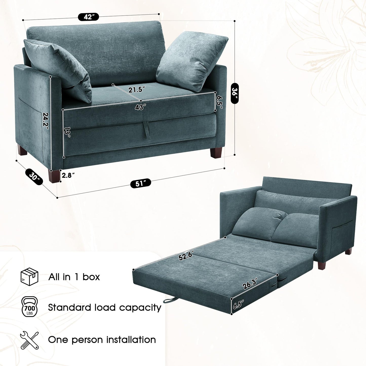 Myroyalsit 51" Convertible Loveseat Sofa Bed, 2-in-1 Folding Sofa Bed with 2 Pillow for Small Spaces, Modern Loveseat Sleeper Couch for Apartment, Living Room & Guest Room (Light Blue)