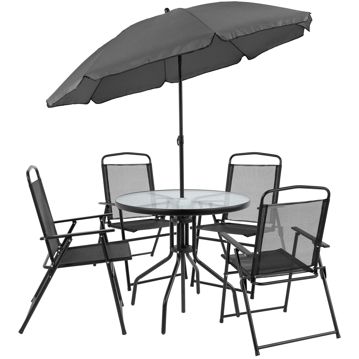 EMMA + OLIVER 6 Piece Black Patio Garden Set with Umbrella Table and Set of 4 Folding Chairs