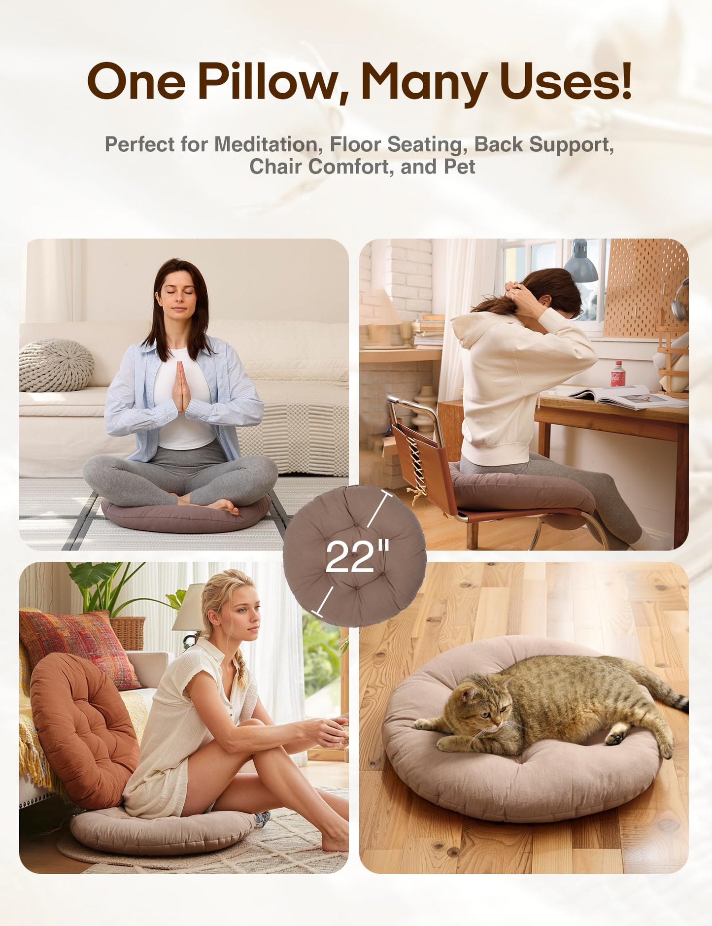 ZonLi Floor Pillows Round Large Seating for Adults,Tufted Accents Floor Cushions for Living Room Tatami, Grey, 22x22 Inch